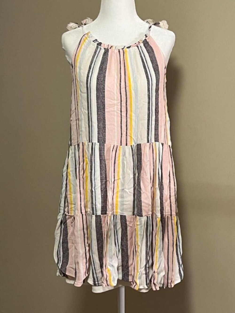 kids multicolored striped babydoll dress with ruffle trim and cute pompom straps